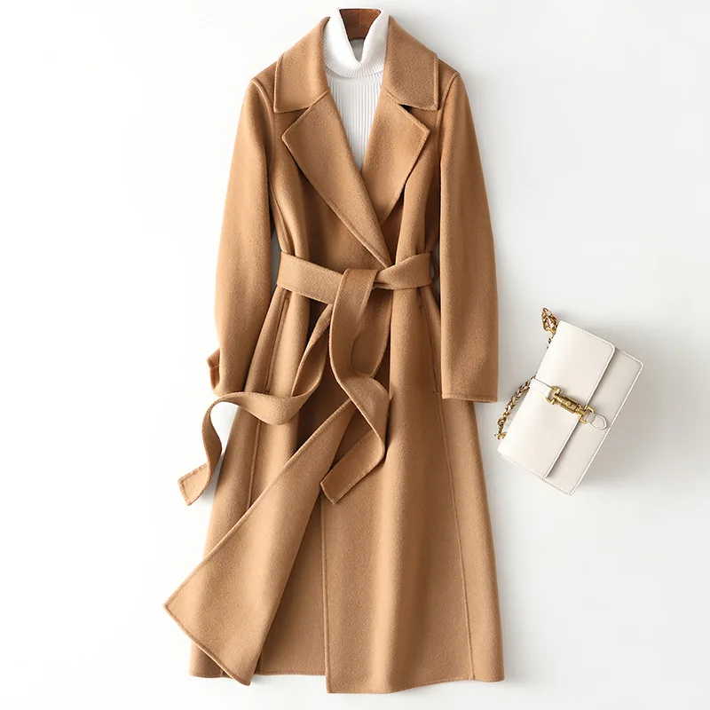 2024 Autumn 100% Wool Coats With Belt Fashion Open Stitch Elegant Woolen Cashmere Coat Veste Femme Tops