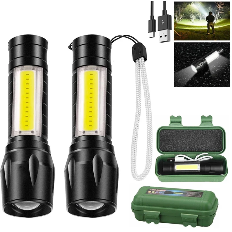 Mini-Taschenlampen, wiederaufladbar, USB-Taschenlampe, superhell, klein, tragbar, Taschenblitzlicht mit seitlichem Suchscheinwerfer, zoombar