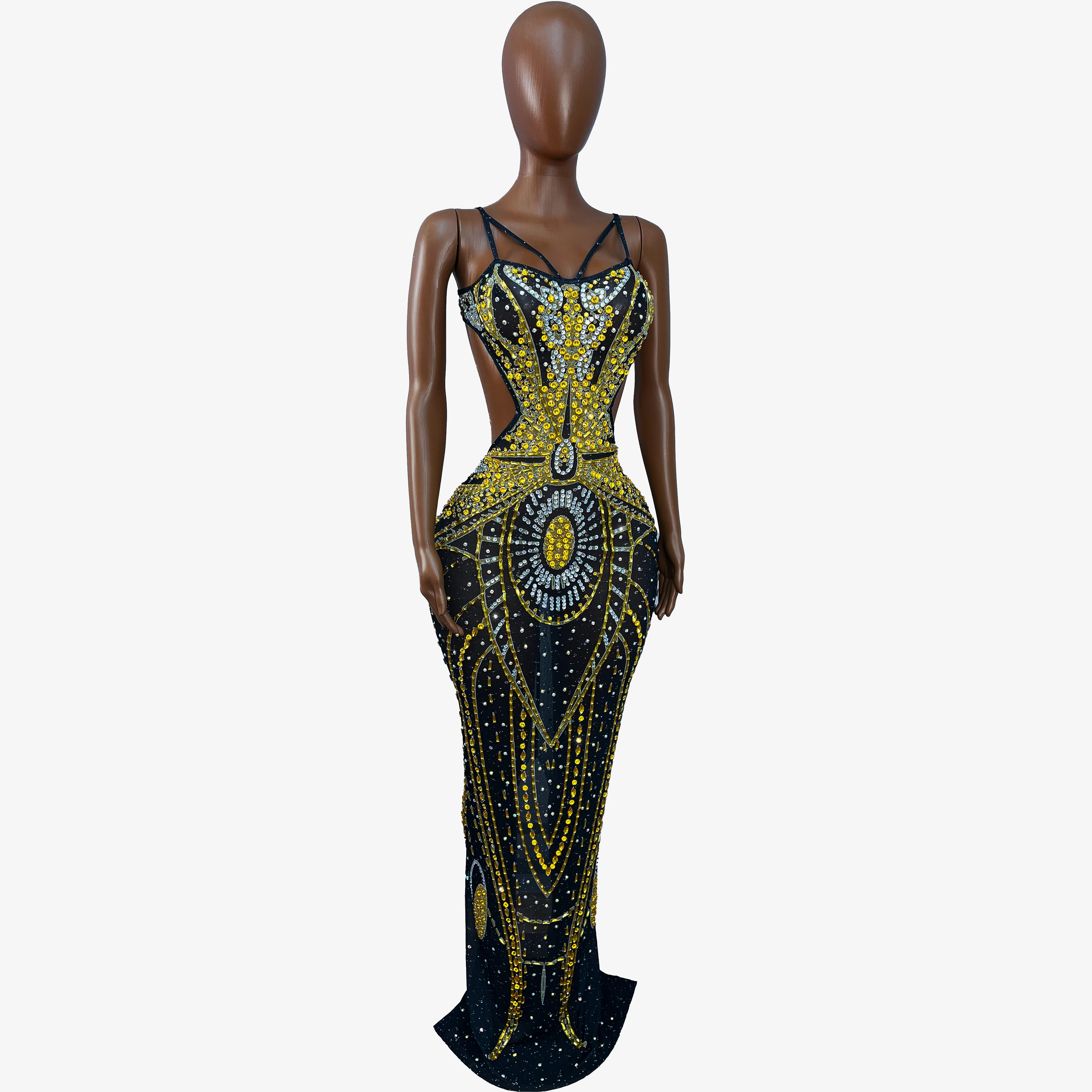 High-end Flashing Gold Rhinestones Hollow waist Mesh Suspenders Dress Evening Party Exquisite Gown Red carpet Outfit Heijinxian view 5