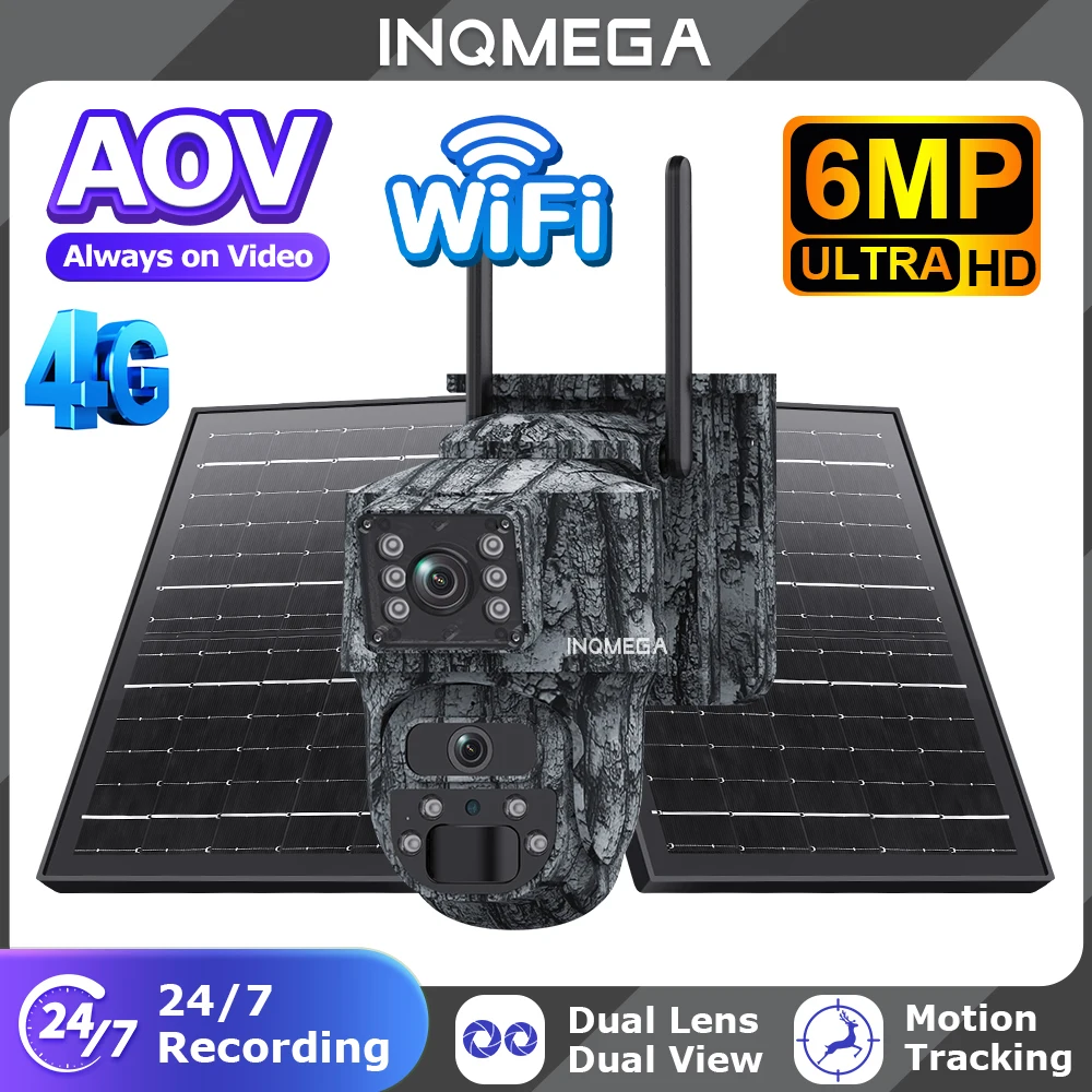 Sectec 6MP AOV 24/7 Solar PTZ Cam Dual Lens 2.8mm+4mm 10W Solar Color Night Vision IP66 Camouflage Outdoor Security Trail Cam