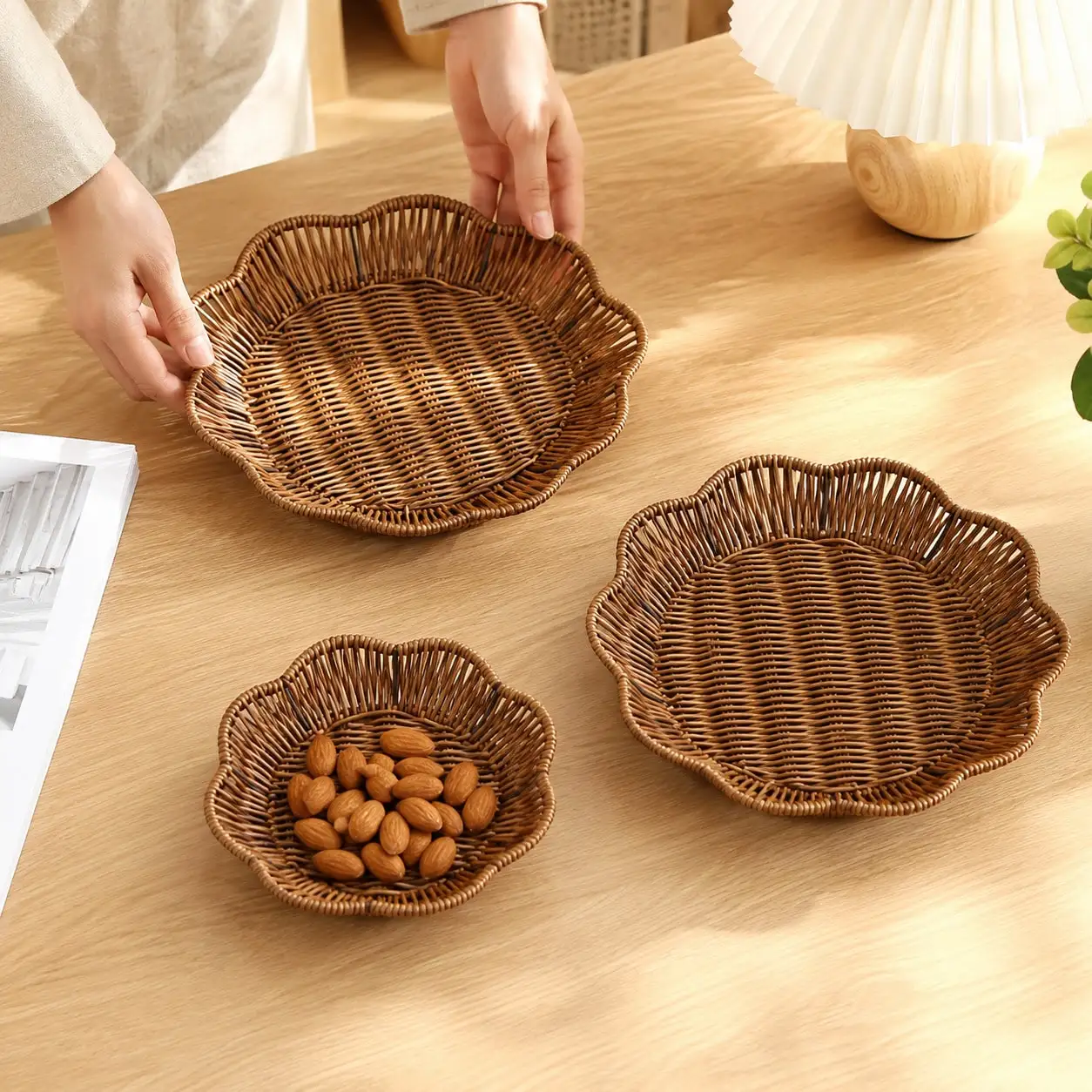 Set of Three or Single Rattan Fruit Baskets, Snack Trays