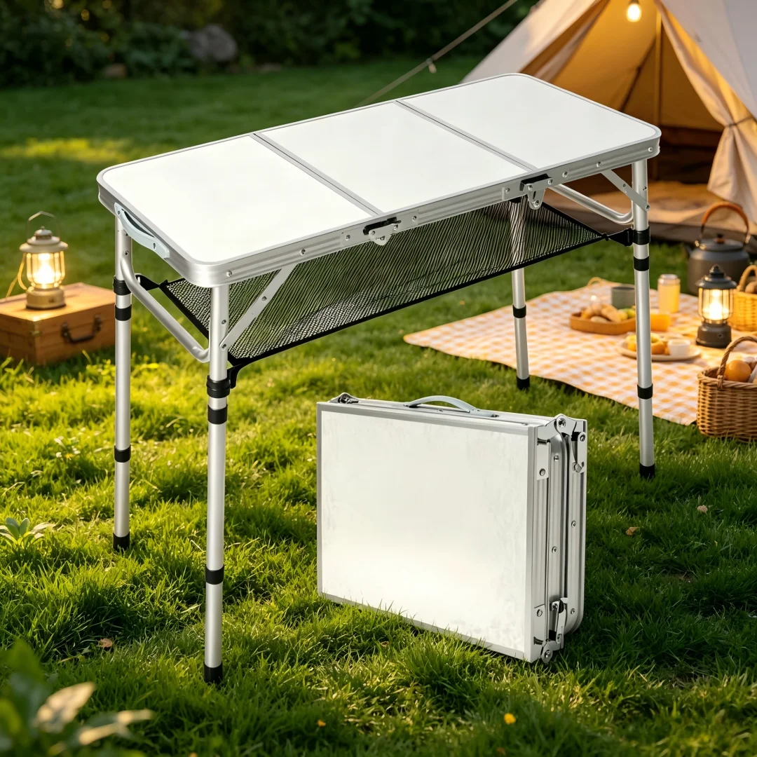 Folding Camping Table With Storage Net 3ft Aluminum Folding Table With 3 Adjustable Height Max 27 Inch For Outdoor Backyard BBQ