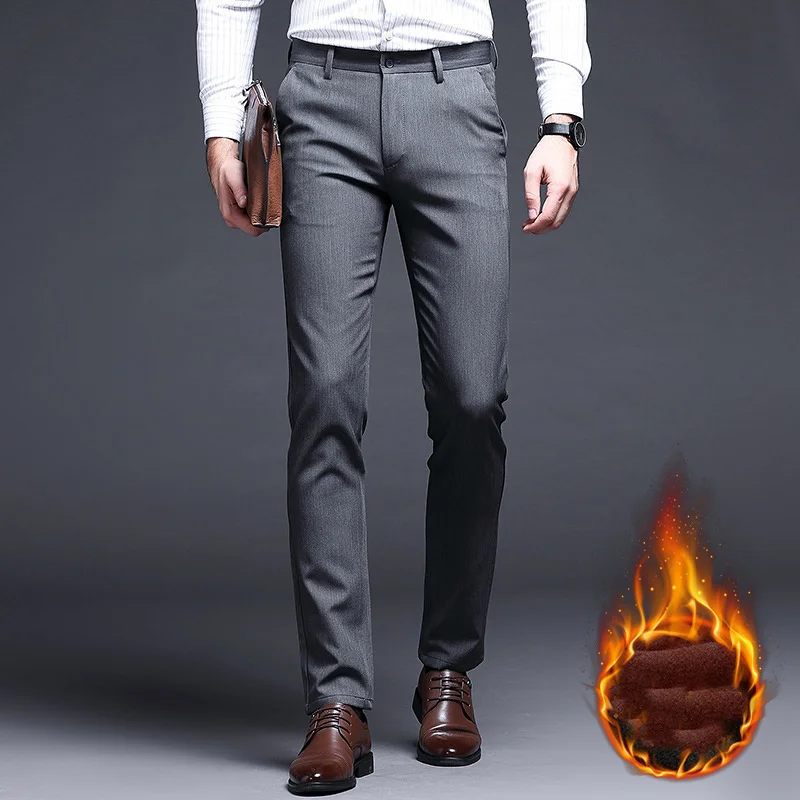 Winter Men's Thicken Warm Suit Pants Fleece Lined Business Casual Elasticity Pencil Trousers For Male