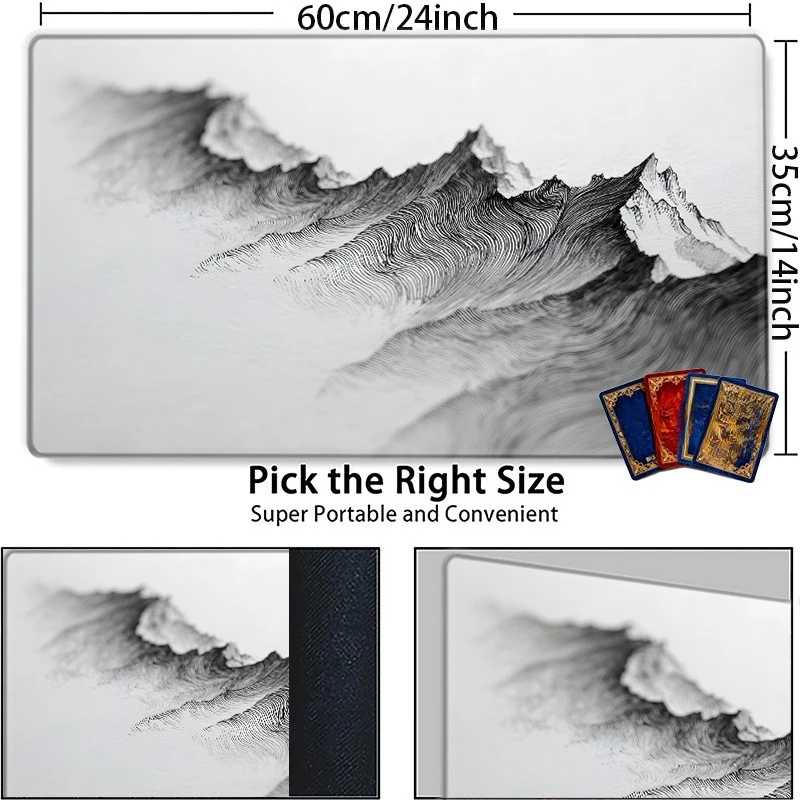 Collectible card game table mat, compatible with TCG, black and white mountain ink painting pattern, serene fog landscape