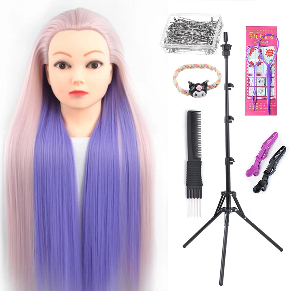 Training head with colorful hair 80cm  synthetic hair for braiding hairstyle Head hairdressing head mannequin With Stand Tripod