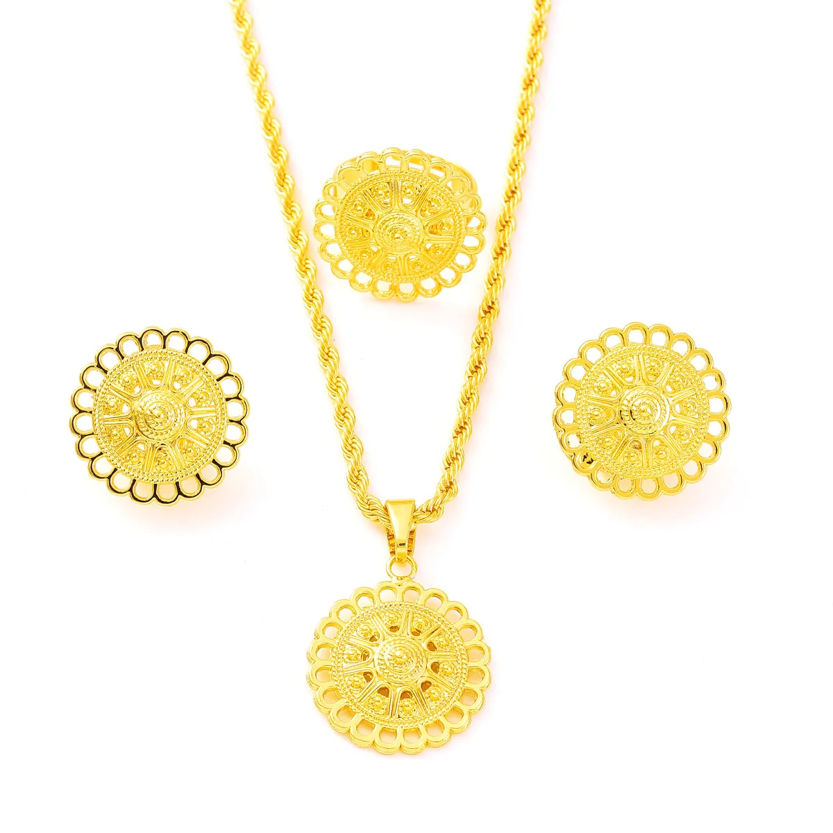 Classic Circular hollow Set Ethiopian Jewelry sets Pendant Earrings Ring Sets African Eritrean Wedding Engagement Gifts #112