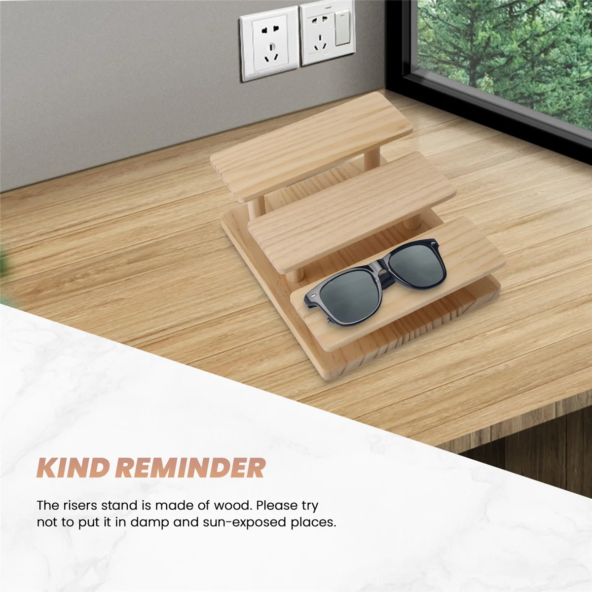 RIRI ไม้ Risers 3 ชั้นแว่นตาขาตั้งเครื่องประดับผู้ถือขาตั้งไม้ Organizer ถาดสําหรับตู้เดสก์ท็อป