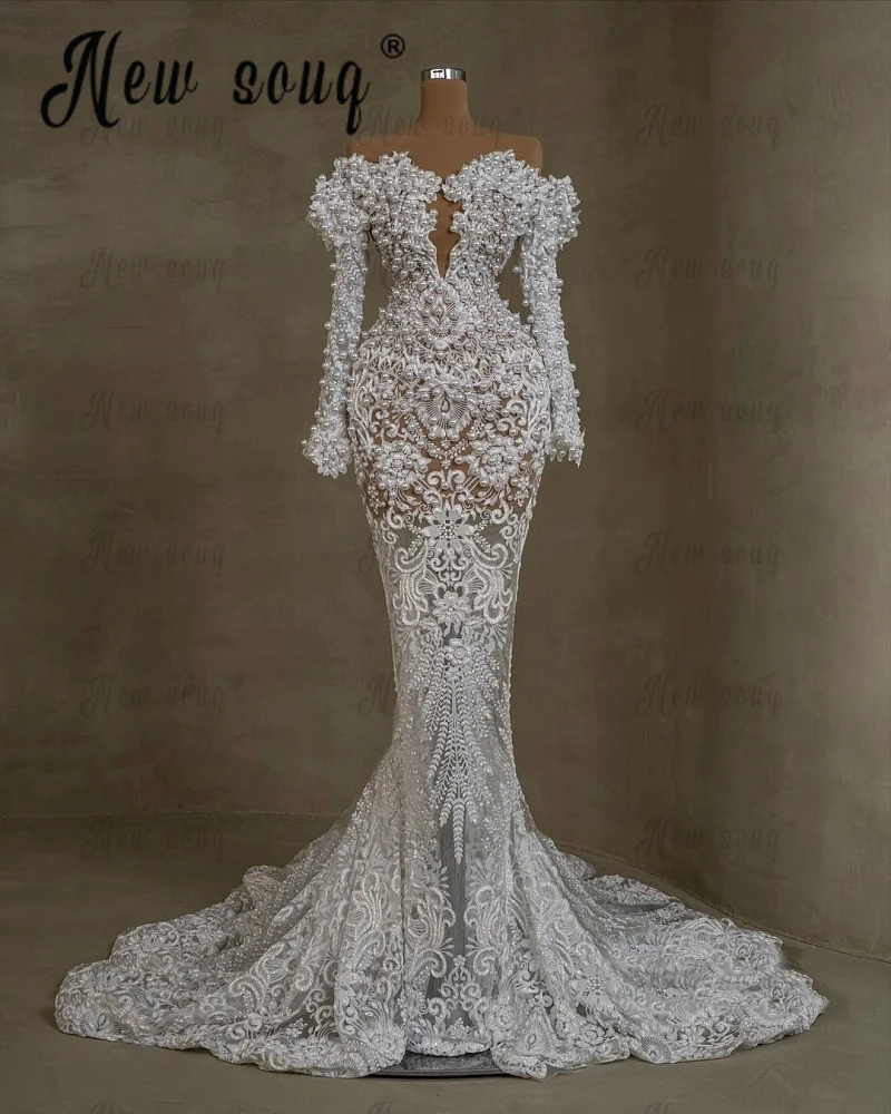 Elegant Off Shoulder Long Sleeve Mermaid Formal Evening Dress For Bridal 2023 Cut Out Chapel Train Dubai Wedding Gowns Custom