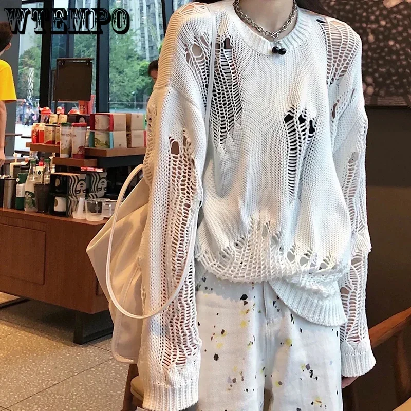 Gothic Punk Hole Sweaters Women  Streetwear Harajuku Sweaters Hollow Out Broken Knitted Jumper Woman Pullover Sweater Wholesale