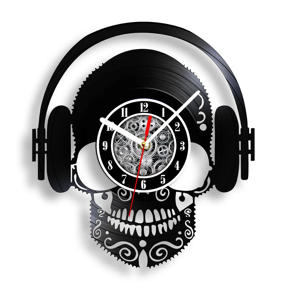 Skull with Headphone Vinyl Record Wall Clock Musician Goth Decor for Living Room Skeleton Head Laser Cut Music Album Wall Watch