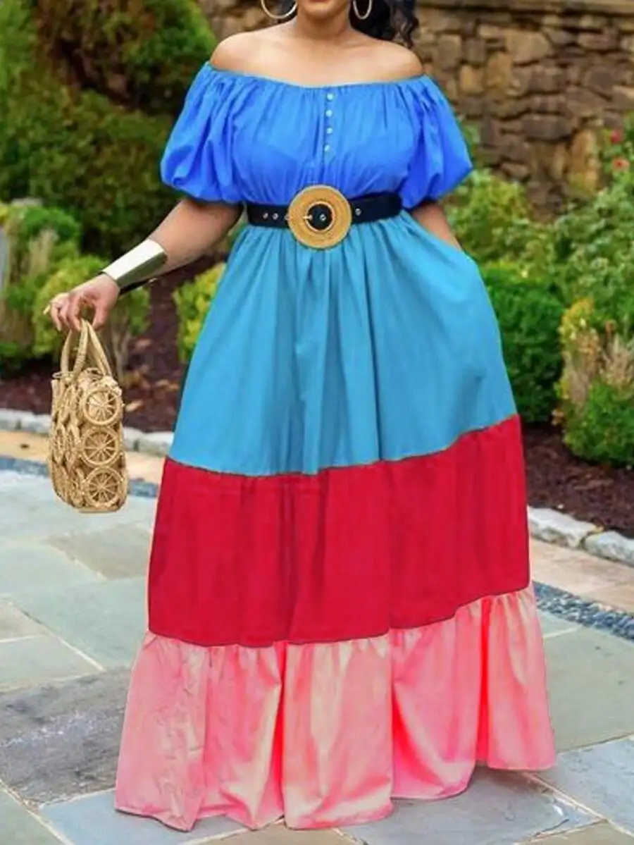 

Color Block Off Shoulder Belted Tiered Button Front Short Sleeve Maxi Dress