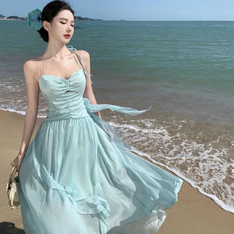 Dolce increspato Camis Midi Dress Donna Estate Elegante Chiffon Halter Neck Dress Sexy Backless Beach Vacation Mujer Abiti