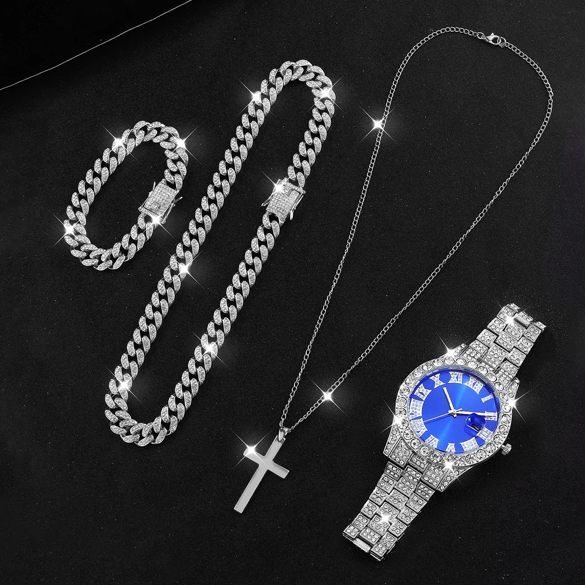 4PCS Luxury Rhinestone Men Calendar Quartz Watch Hip Hop Necklaces Bracelet Set Fashion Stainless Steel Band Mens Wristwatch view 6