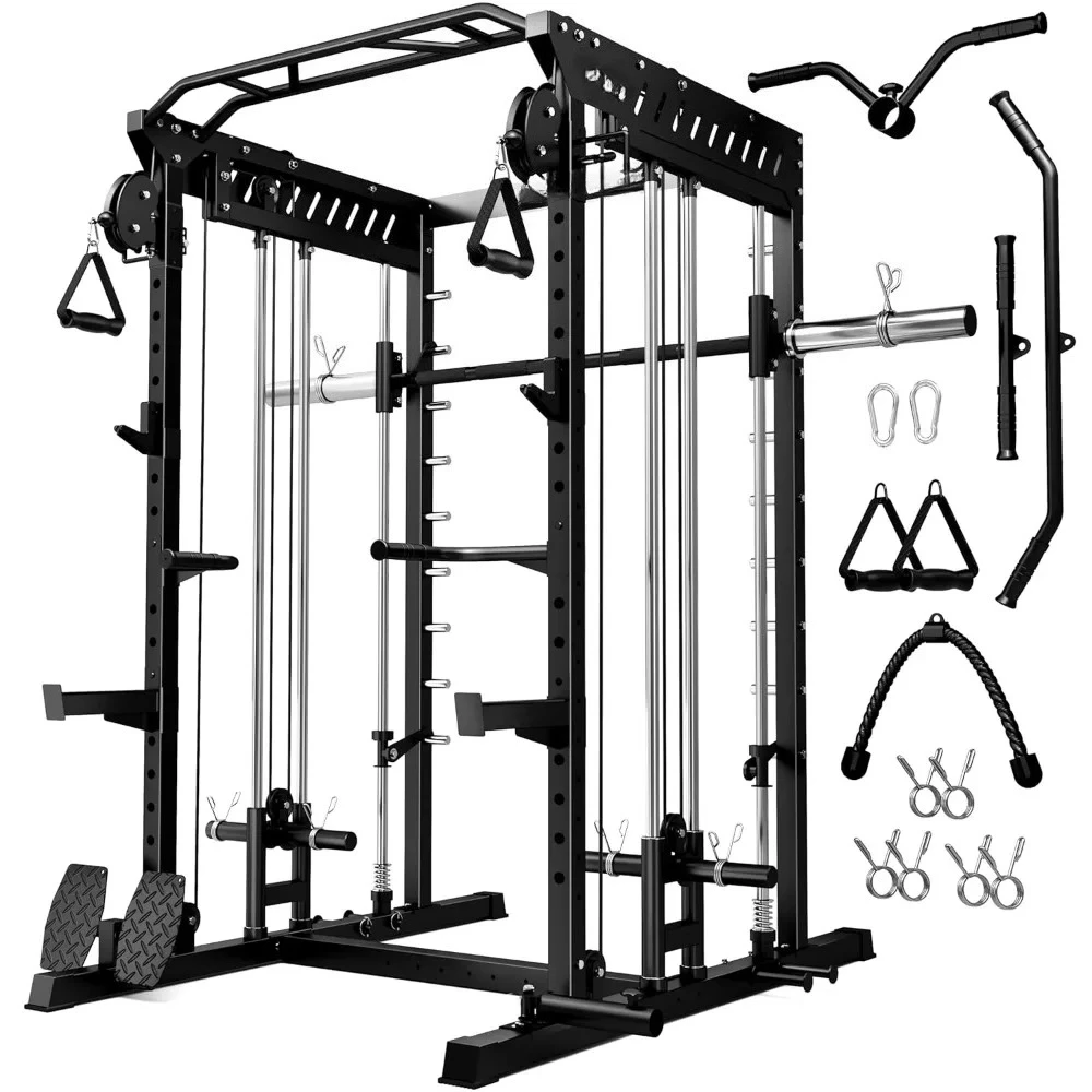 Máquina Smith M21, Jaula de Potencia Multifuncional con Sistema de Poleas Dobles y Crossover de Cables, Rack de Sentadillas Todo en Uno de 2000 LBS, Personalizable