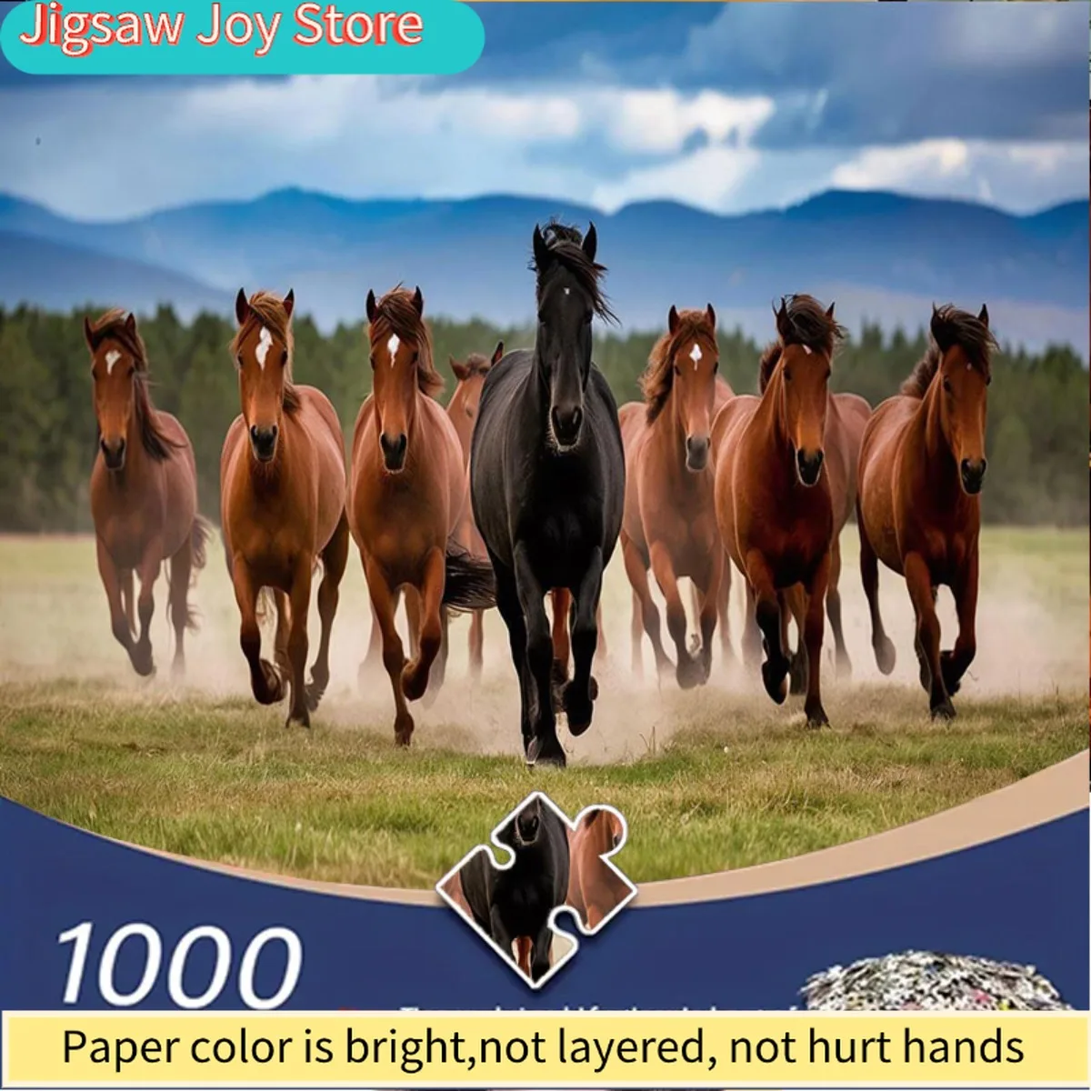 

Пазл для взрослых - скачущие лошади на лугу с горами и деревьями, большой сложный пазл с коричневыми/черными лошадьми