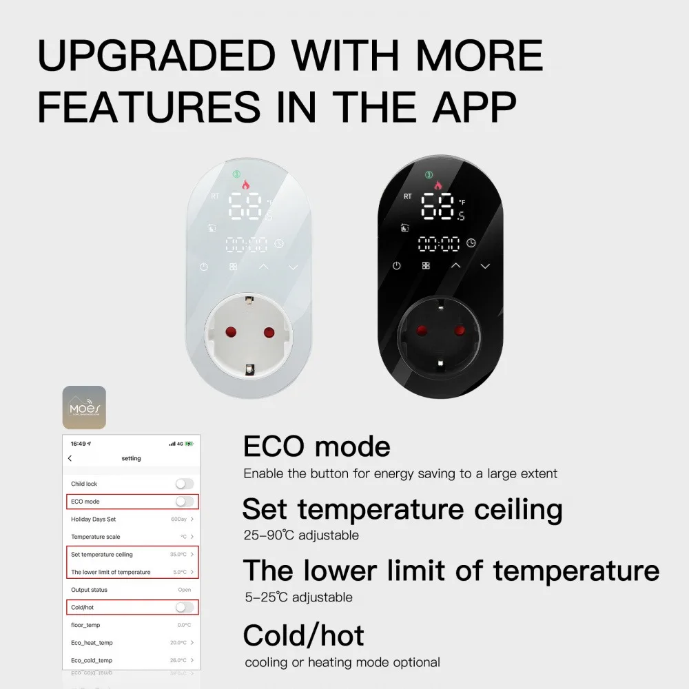Tuya Smart WiFi LED Thermostat EU Plug Timer Outlet Heating and Cooling Mode 16A APP Remote Control Work with Alexa Google Home