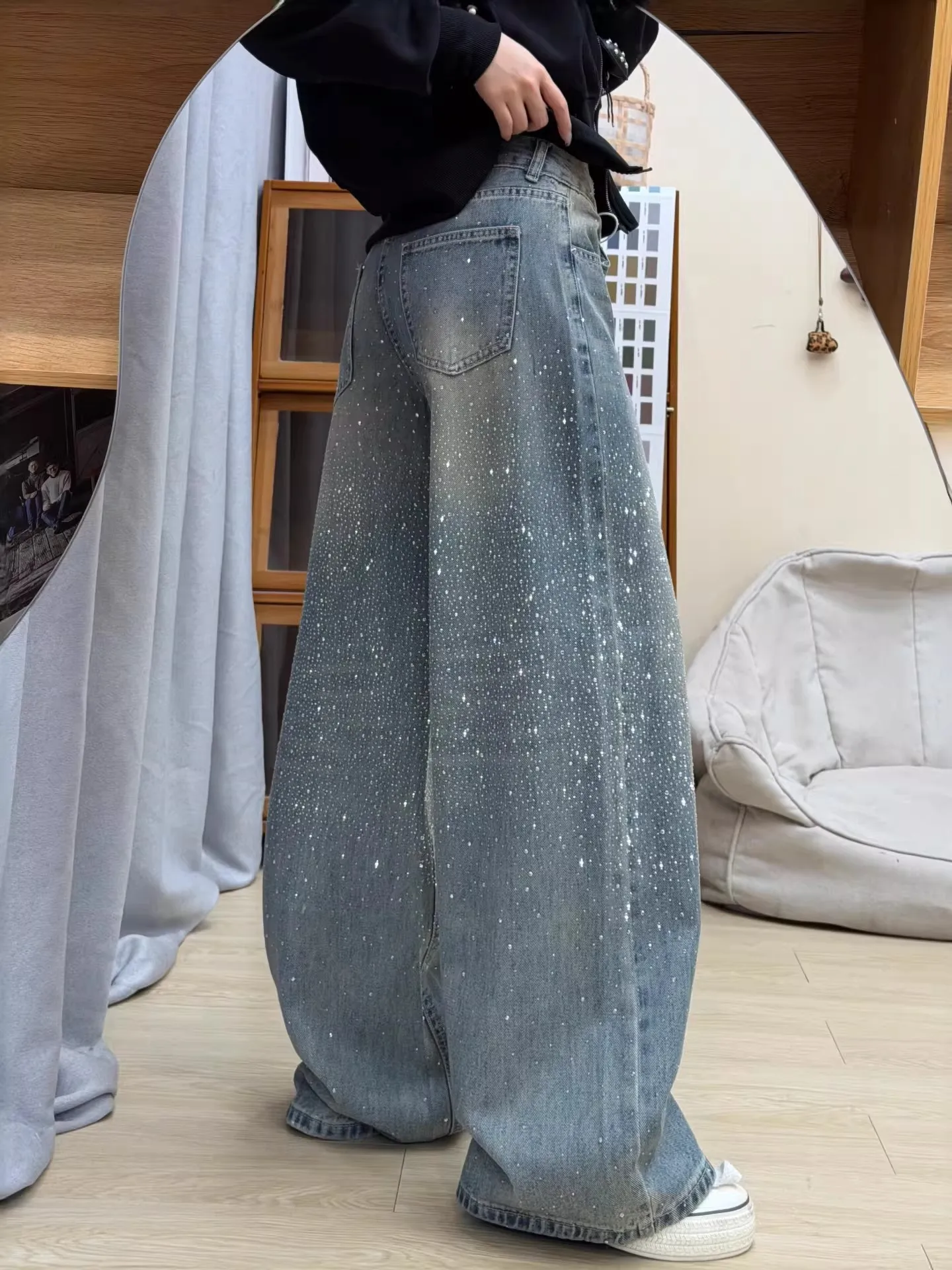 Blue Sequin Wide Leg Pants Women's Winter Fleece Denim High Waist Loose Slimming Straight Cut Jeans Retro Style Warm Casual