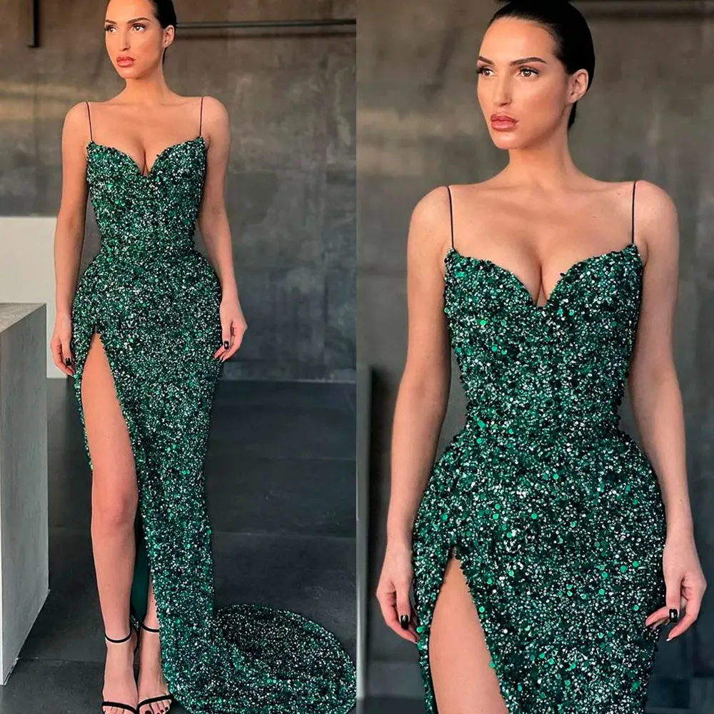 

Sexy Prom Dresses With Sequins Sleeveless Women 2024 Split Backless Spaghetti Race Formal Evening Dress Robes De Mariée