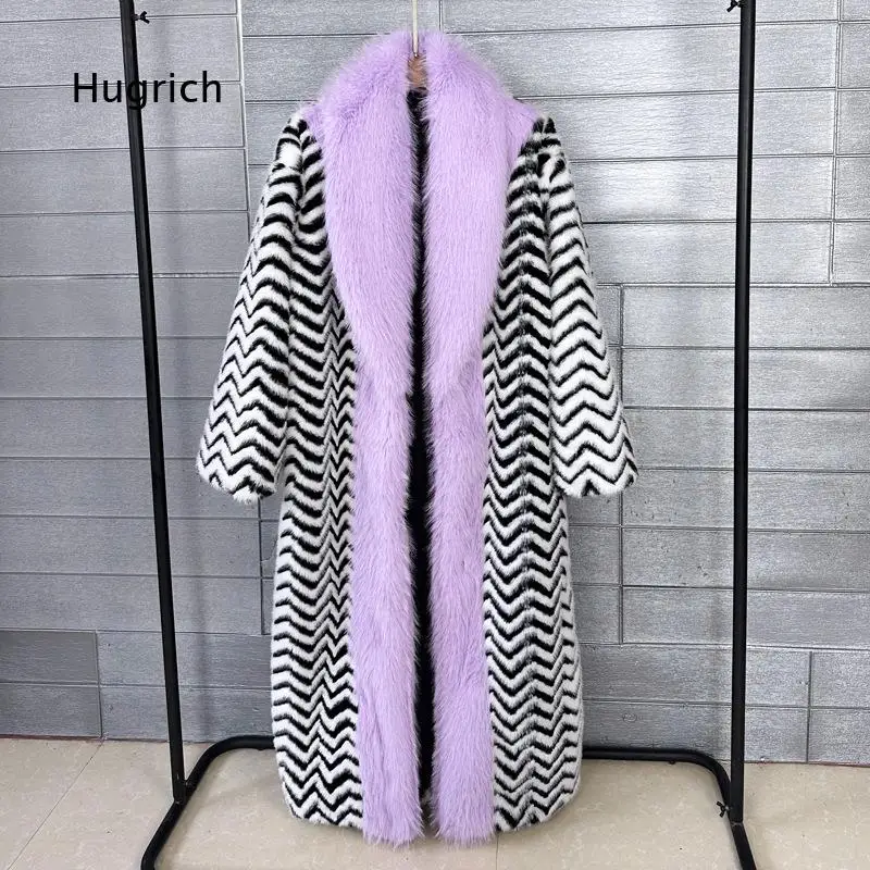 European Style Faux Fur Long Over Knee Coat Notch Collar Color Block Spliced Faux Toka Fur Outerwear For Women Winter Daily And