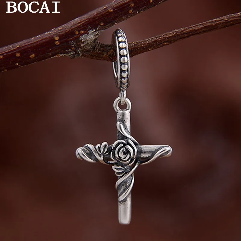 

BOCAI S925 Sterling Silver Vintage Frosted Floral Leaves Roses Vines Cross Pendant Women's Gift