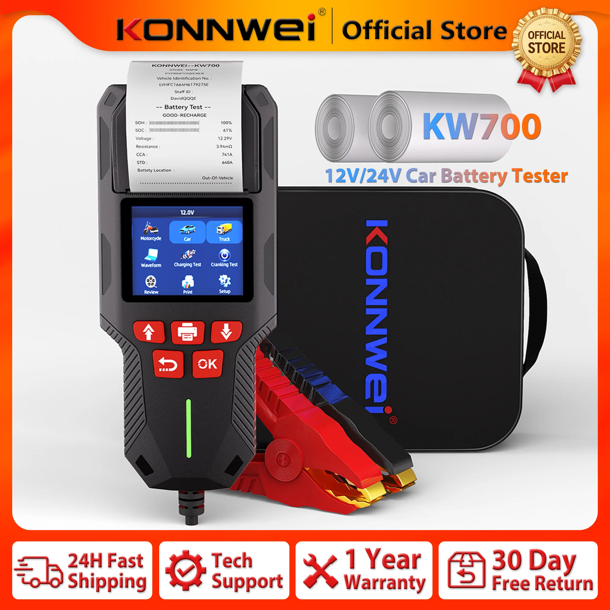 2026 KONNWEI KW700 Professional Car Battery Tester 12V/24V 100-2000CCA With Built-in Print Function Cranking Charging Test Tool