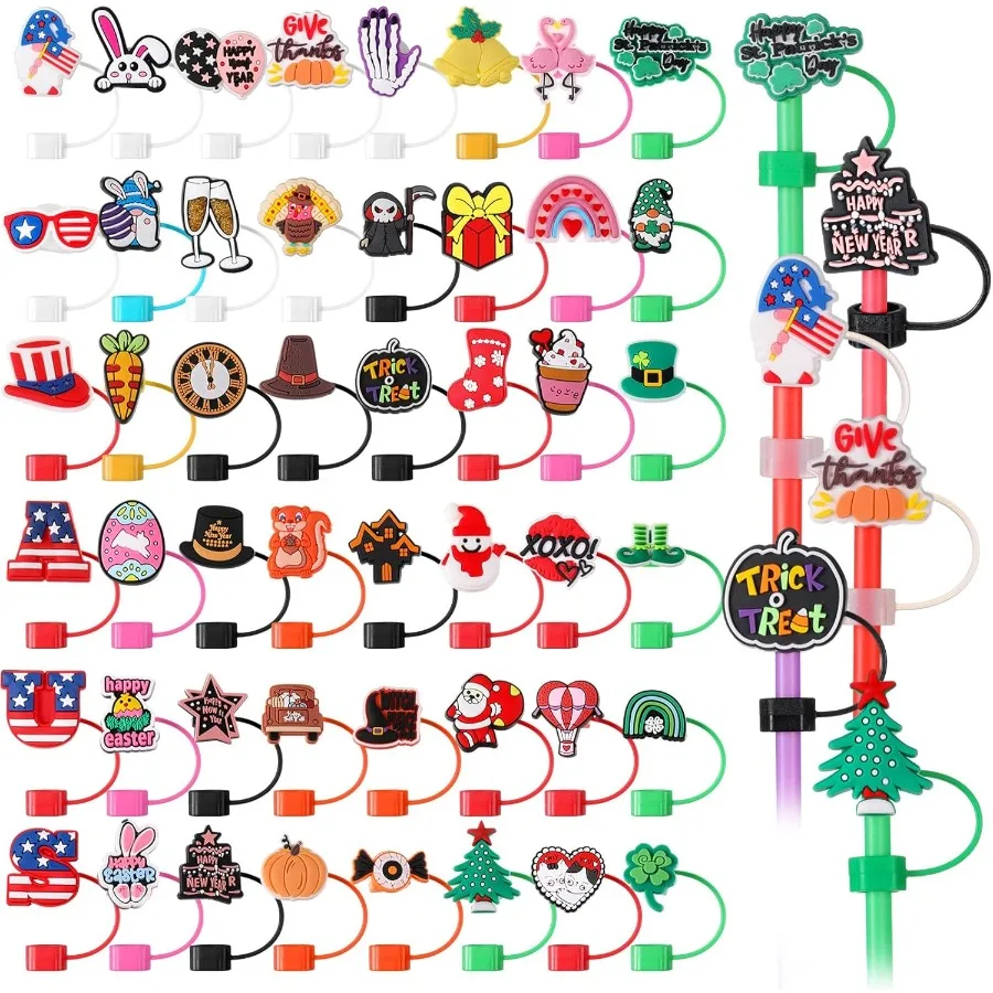 

48 шт. праздничные соломенные топперы, силиконовые милые соломенные крышки, крышка стакана, многоразовая крышка для питья, защитная крышка для Рождества H