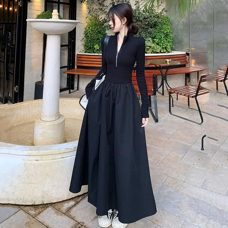 Black Long Dresses for Women Korean Simple High Waist Zipper-Up