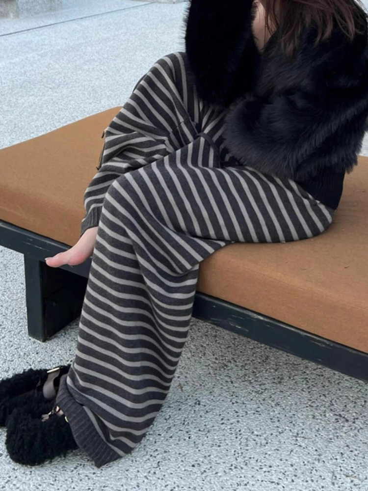 Pantalon ample rayé à jambes larges pour femme, taille haute, droit, tricoté, nouilles de riz, longueur au sol, automne hiver