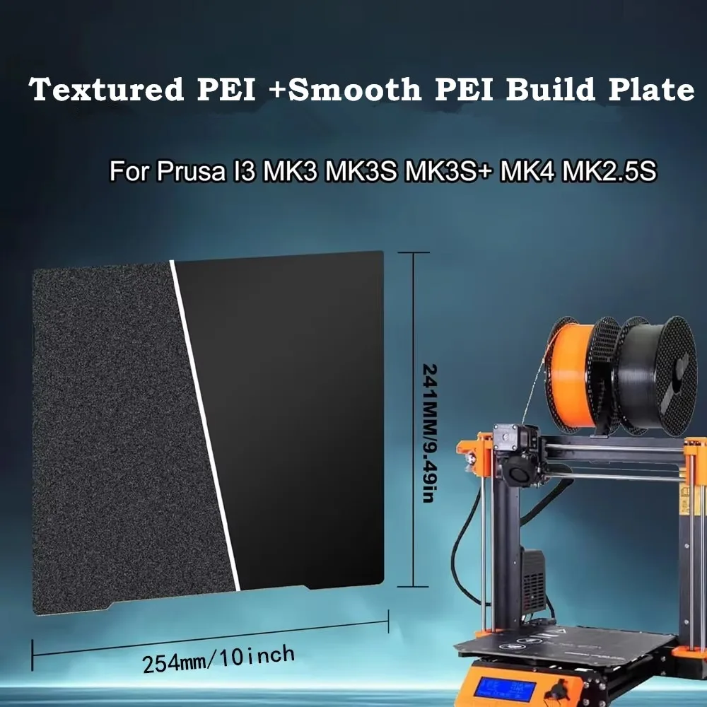 

For Prusa MK4 MK3 PEI Build Plate Double Side Textured/Smooth Black PEI Flexible Spring Steel Sheet 241x254mm for Prusa I3 MK2.5