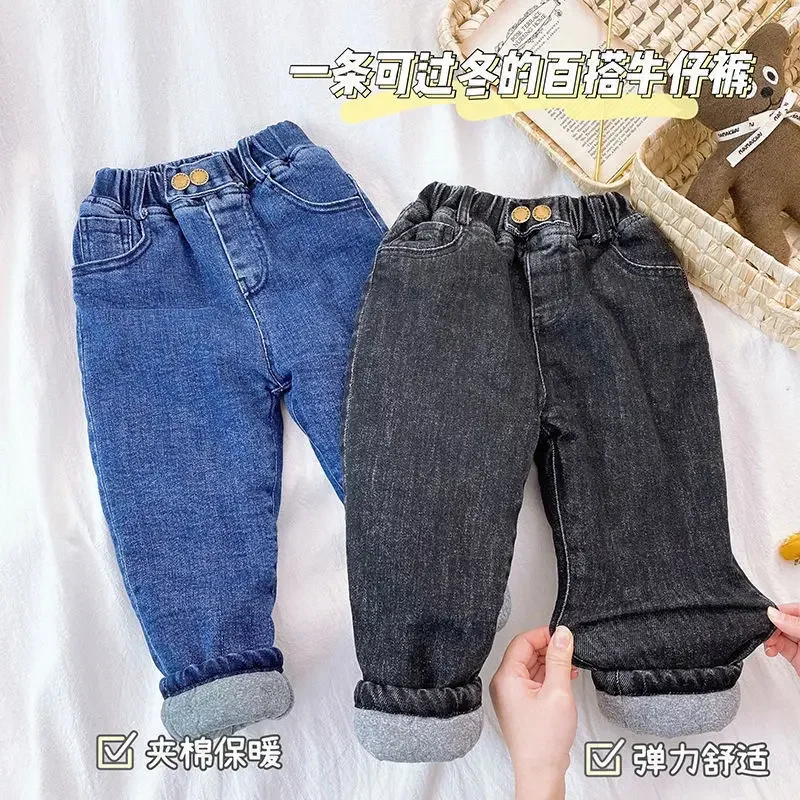 Kids Winter Boy Jeans Solid Color Fleece Thermal Casual Denim Trousers for Toddler Boys Clothes Cotton-padded 2T Baby Warm Pants