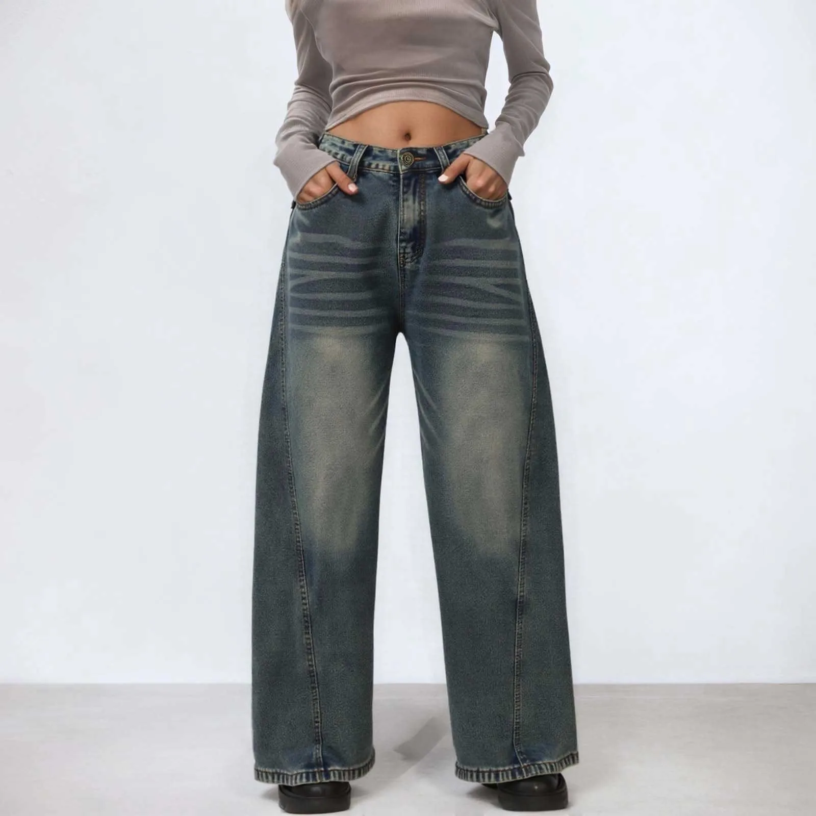 

American Style Vintage Blue Wide Leg Jeans Women Y2K Fashion High Waist Baggy Washed Straight Pants 2025 New Casual Loose Jeans