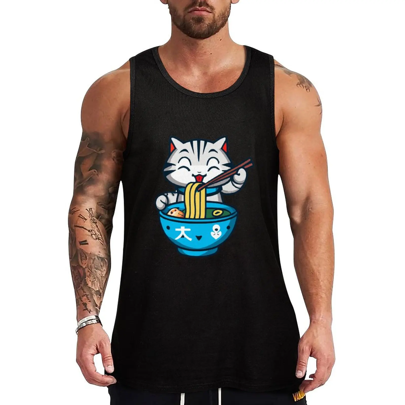

Cute cat eating ramen Tank Top Men's sports t-shirt Men's gym t-shirts gym training accessories