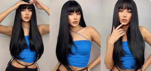 28-Inch Black Wig Long Straight Hair With Natural Fluffy Bangs Women's Synthetic Fiber Synthetic Everyday Party Cosplay Wig