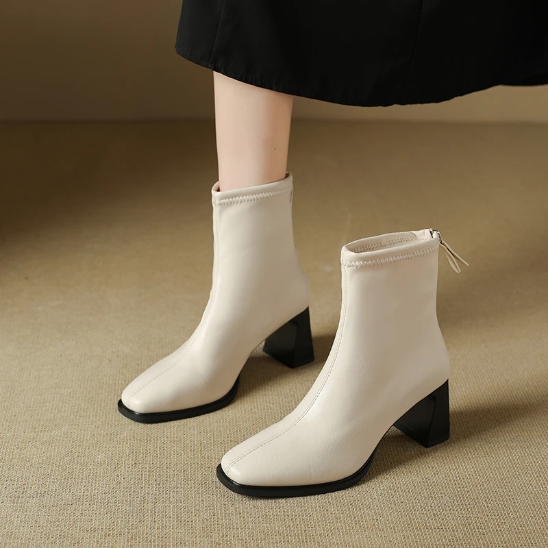

Soft PU Leather Zipper Women Ankle Boots Concise Round Toe Square Heels 6.5 cm Spring Autumn Shoes Concise Botas Para Mujer