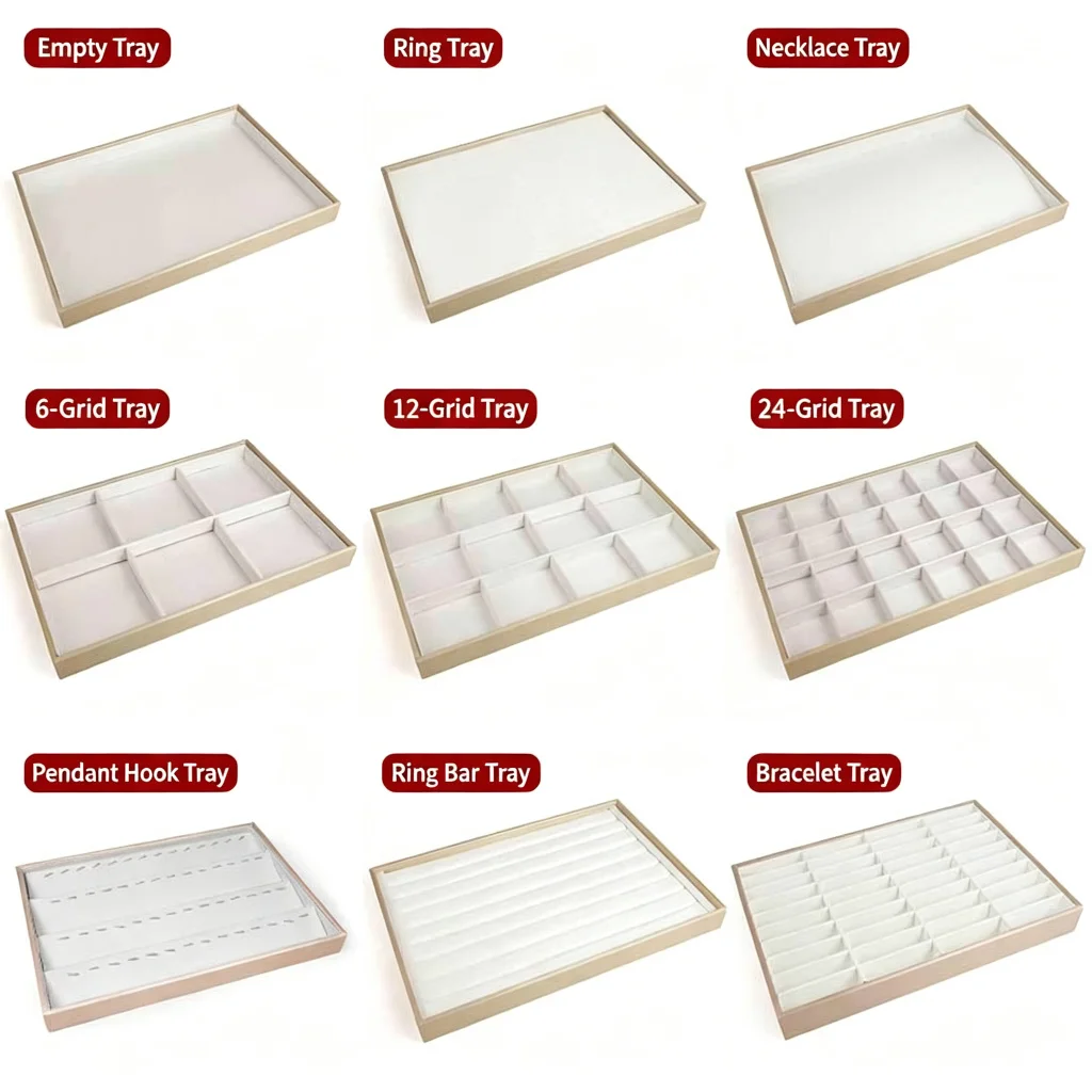 White Gold Finished PU Leather Jewelry Display Counter With Storage Trays For Pendants, Necklaces, Rings, Earrings.