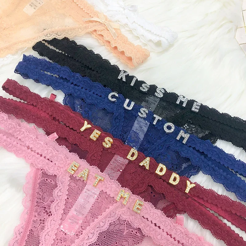 M L XL Size Custom Name Panties Crystal Letters Personalised Thongs Women Lace Bikini G-String Girlfriend Birthday Hotwife Gift