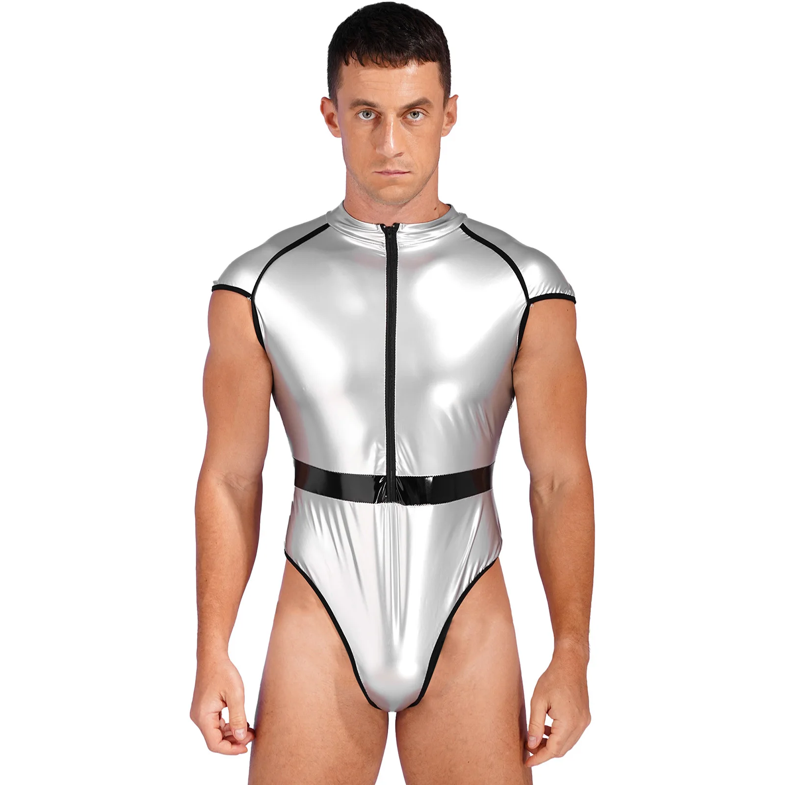 Mens Astronaut Cosplay Outfits Role Play Costume Mock Neck Zipper Front Bodysuit Cap Sleeve High Cut Patent Leather Catsuit