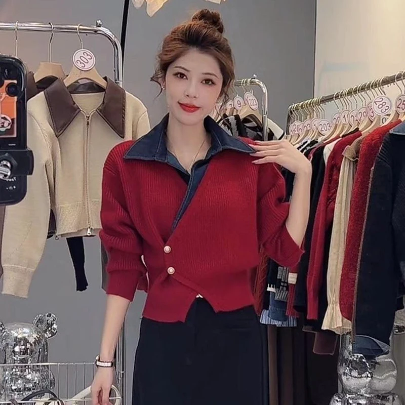 

Корейский стиль, искусственный пуловер из двух предметов, свитер, осенний новый женский модный ковбойский лоскутный вязаный топ с цветными блоками