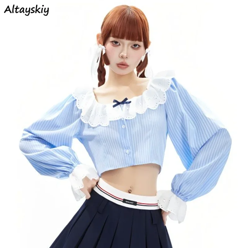 Shirts for Women Lace Striped Crop Tops Hotsweet Summer Slim Fit Flare Sleeve Korean Style Fashion All-match Daily Camisas Mujer