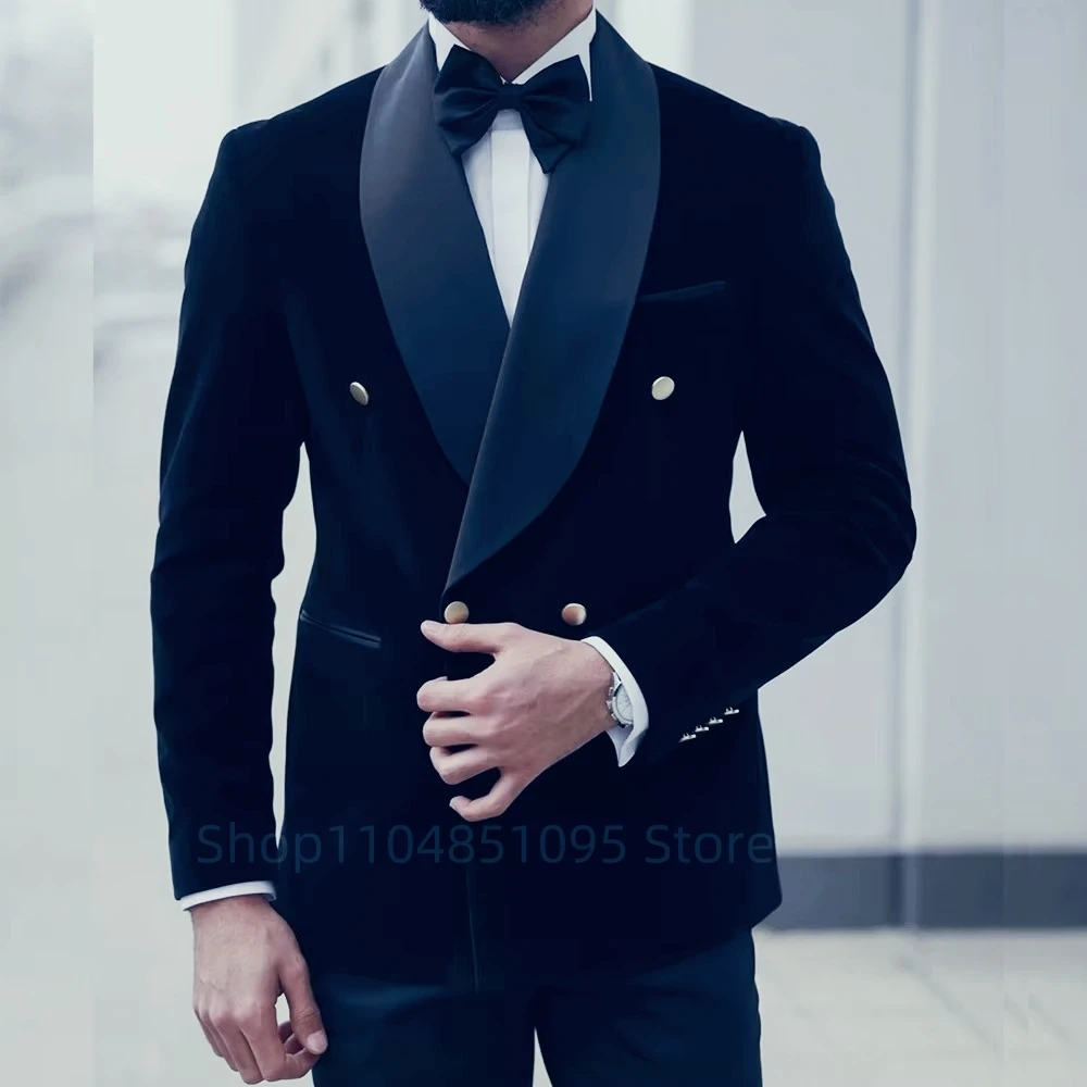 2 قطعة أسود/أزرق المخملية الرجال الدعاوى سليم صالح الذكية فستان الزفاف غير رسمي شال التلبيب سترة السراويل العريس البدلات الرسمية للحزب حفلة موسيقية #4