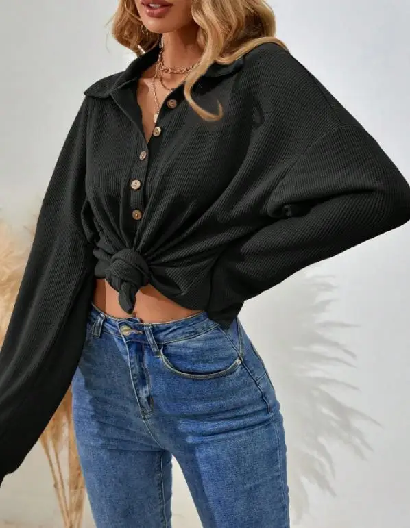 

Autumn 2025 Waffle Fabric Lapel Button Solid Color Long Sleeved Shirt Casual Loose Simple Commuting Style Long Sleeved T-Shirt