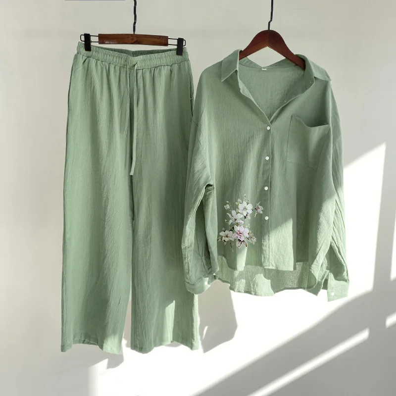 Women's 2-piece Cotton And Linen Shirt Fashionable Button Up High Waisted Wide Leg Pants Printed Loose Casual Comfortable Set