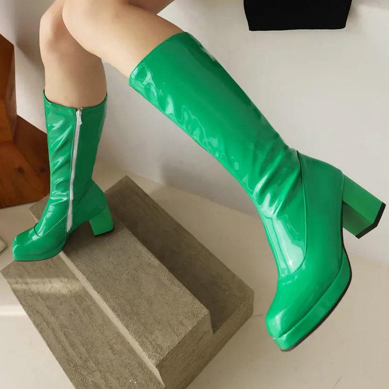 PU pelle verniciata verde arancione gotico punta quadrata tacchi grossi donna inverno scarpe calde stivali donna elasticizzati a metà polpaccio