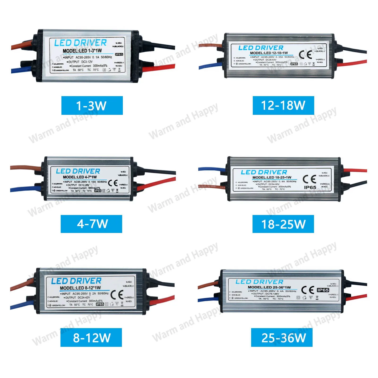 LED Driver 1-3W 4-7W 8-12W 12-18W 18-24W 25-36W AC95V-265V Power Supply 300mA Waterproof IP65 Lighting Transformer