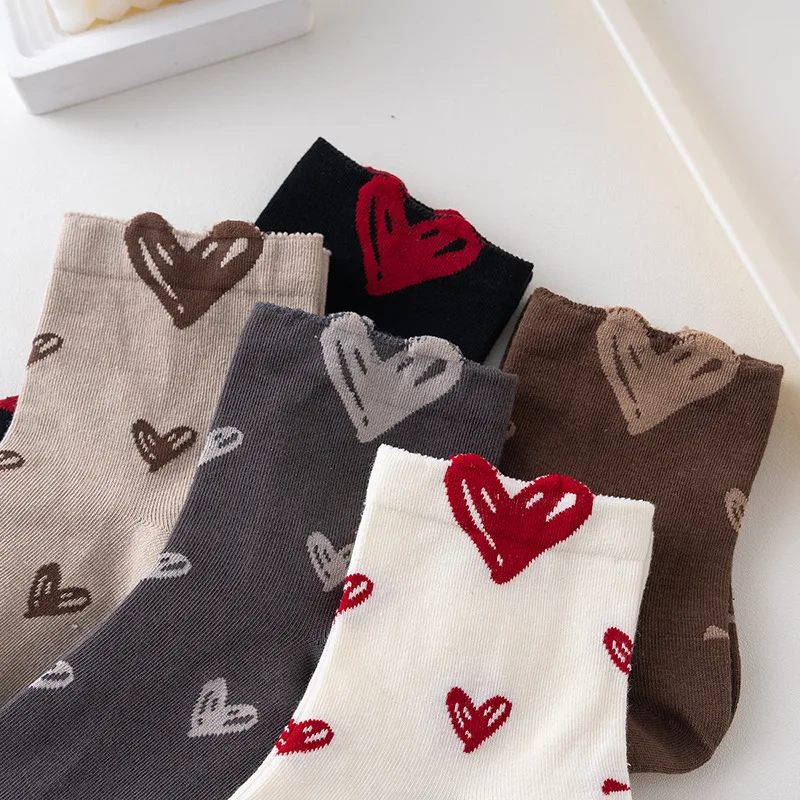 5 Pairs 1 Lot Women's Vintage Socks Three Dimensional Love Line Comfort Cotton Middle Tube Fashion SportsAutumn Winter Socks