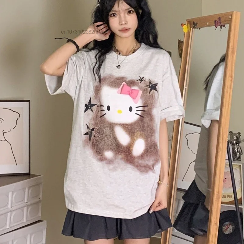 Sanrio Hip Hop Streetwear Gothic Hello Kitty Black Short Sleeve Top Korean Popular Youthful Woman Clothes 2000s Tees Yk2 Girls