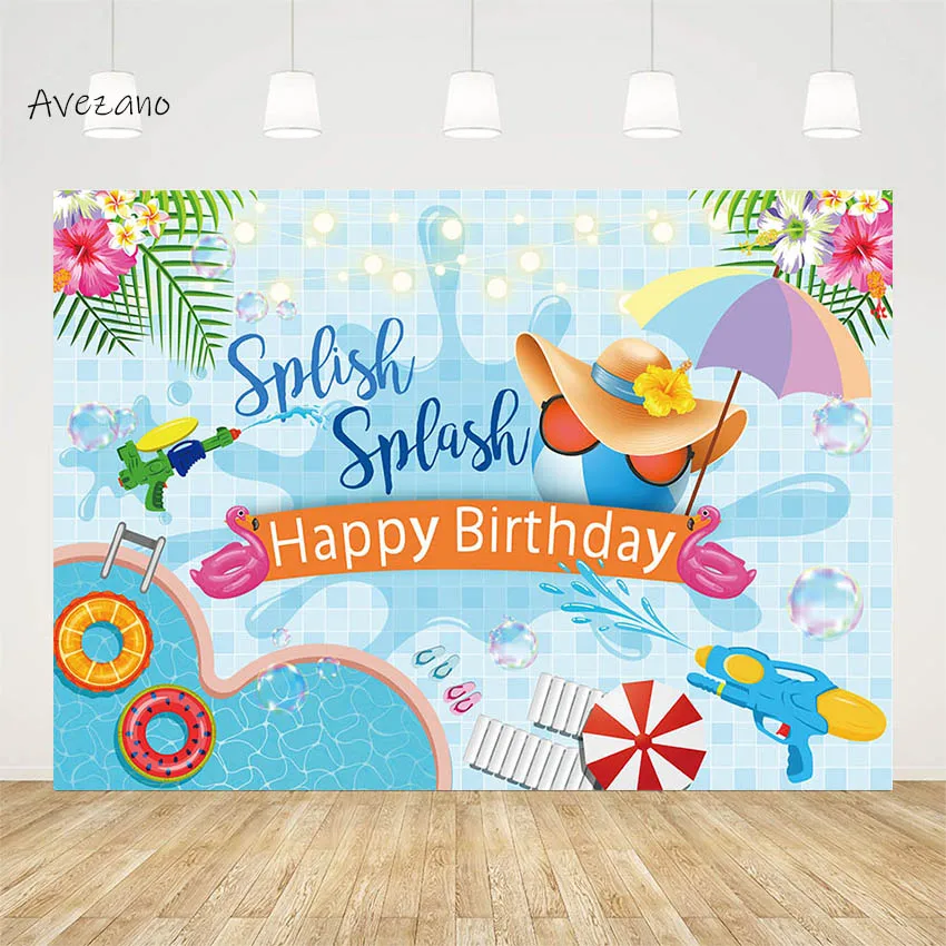 Avezano Backdrop Photography Summer Pool Party Splish Splash Sunbathing Kids Happy Birthday Poster Background Photo Studio Decor