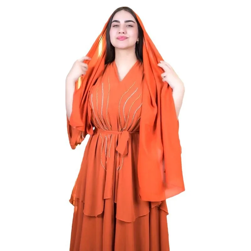 

Women's Middle Eastern chiffon hot diamond cake dress with headscarf robe fashionable simple temperament elegant vacation style