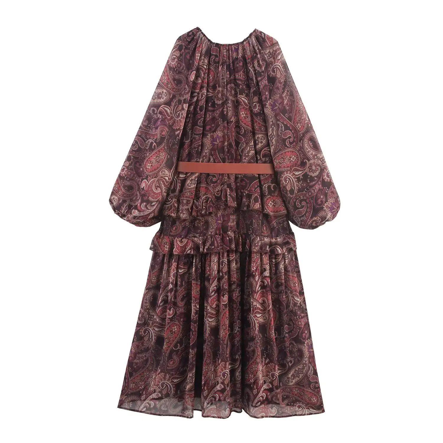 

Fashionable Long Sleeve Chiffon Print Dress Autumn Ruffle Print Casual Long Sleeved Dress Vestidos Mujer V Neck Dress With Belt