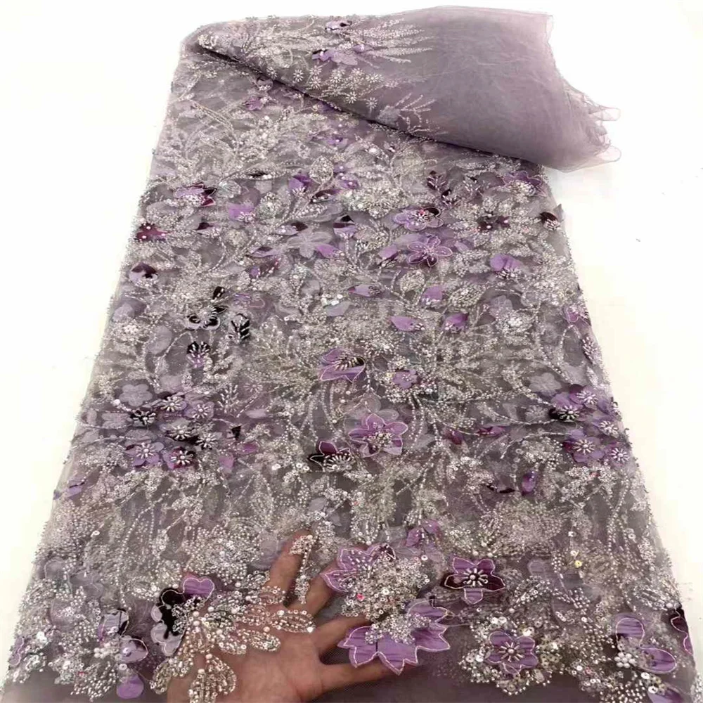 2024 African Nigerian French High Quality Hot Sale 3D Flower Lace Fabric With Beads Sequins Bride Party Wedding Embroiderg Dress